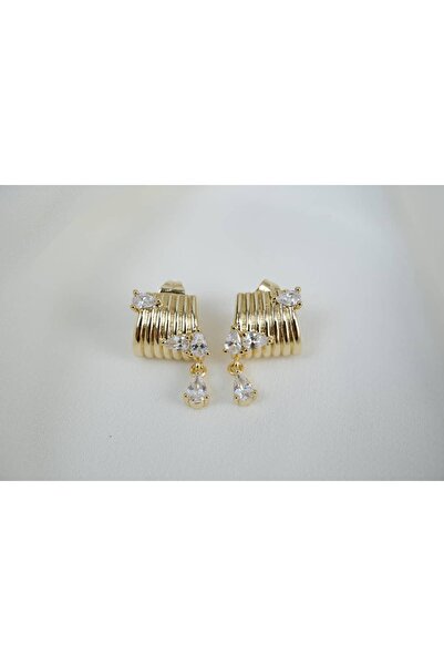 ATELİER TUĞBA Kp393 Gold Earrings with Drop Stones (Length 10mm)