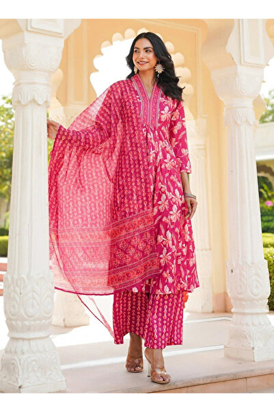 DESIQLO By Styli Pink Rayon Blend Floral Printed A-Line Kurta with Palazzo an...