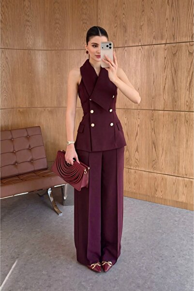 ossons Stylish Gold Button Detailed Shawl Collar Vest - Trouser Set