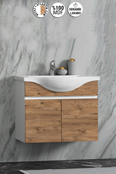 ÖZCEDEN Yıldız 65 cm Beyaz-Atlantik Çam MDF Seramik Lavabolu Asma Banyo Alt D...
