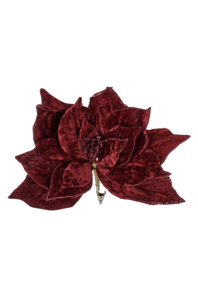 Zumzeria Floare decorativă de Crăciun vișinie cu sclipici și cleme 23cm