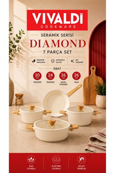 Vivaldi Yanmaz Yapışmaz Seramik Diamond 7 parça Tencere Seti/Krem