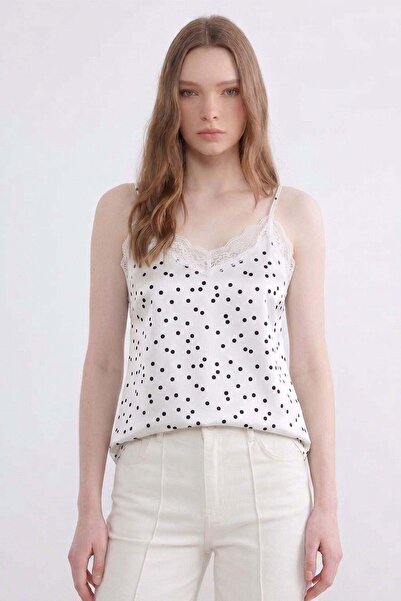 Shopping Shop Polka Dot Patterned Strappy Satin Blouse Ecru