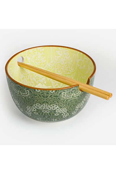 Zumzeria Green Olive Porcelain Bowl with Light Green Patterns and Chopsticks ...
