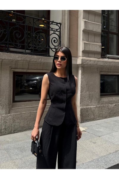 PEMAA Peplum Detailed Crew Neck Sleeveless Linen Vest and Wide-Leg Pants Set