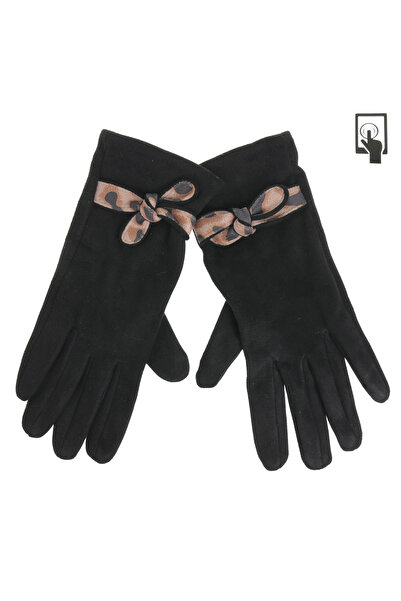 Zumzeria Black Gloves with Leopard Bow for Touch Screens for Women - 1 Pair