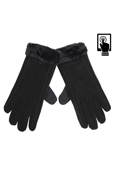 Zumzeria Black Suede Gloves with Touchscreen Surface and Faux Fur Bow for Wom...