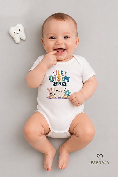 BABYDEN'S Diş Buğdayı Body %100 Pamuk İlk Dişim Çıktı Baskılı Bebek Kısa Koll...