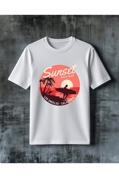 COMVİCHO تي شيرت مطبوع عليه sunset venice beach مقاس كبير