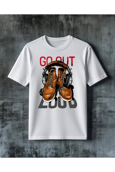 COMVİCHO تي شيرت مطبوع عليه عبارة go out loud bot kulaklik كبير الحجم