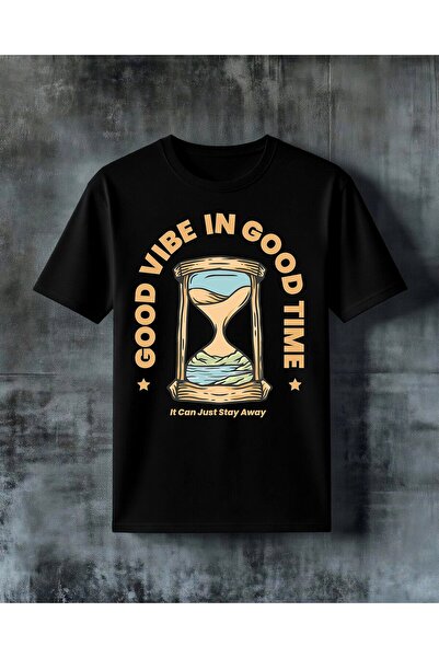 COMVİCHO تي شيرت كبير الحجم مطبوع عليه Good Vibe Time Saatglass