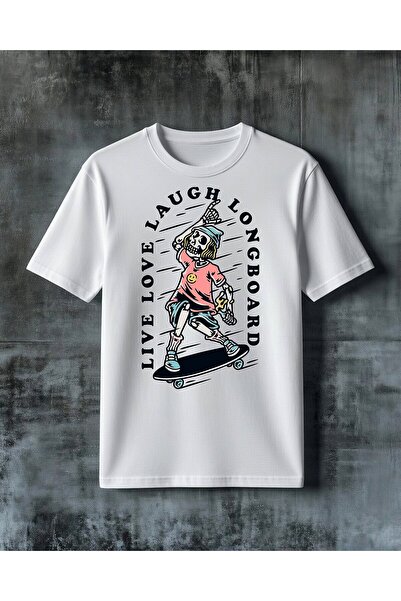 COMVİCHO Live Laugh Longboard Skeleton Printed Oversize T-Shirt