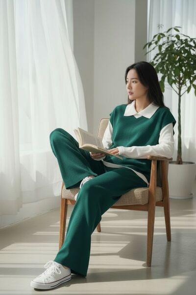 Intisimo Women's Knitted Three-Piece Classic Set, Green/White