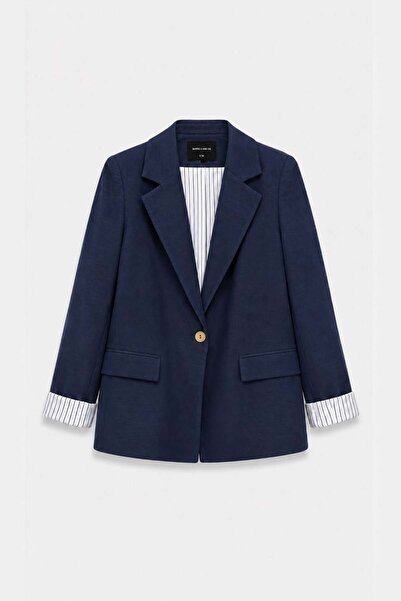 BARRELS AND OIL Women's Striped Buttoned Blazer Jacket - Navy Blue