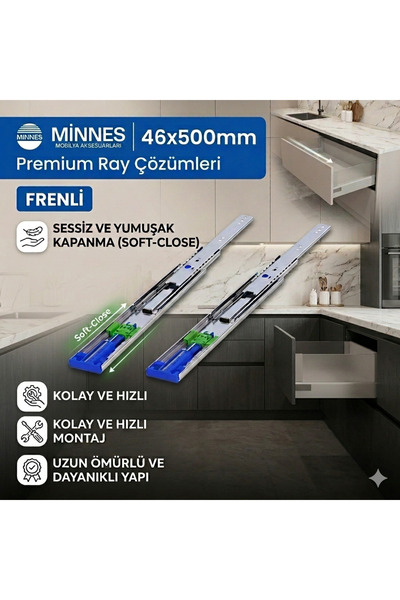 Minnes 46x500 mm Ağır Yük Çekmece Rayı Frenli Sessiz Yavaş Kapanan 80 kg Kapa...