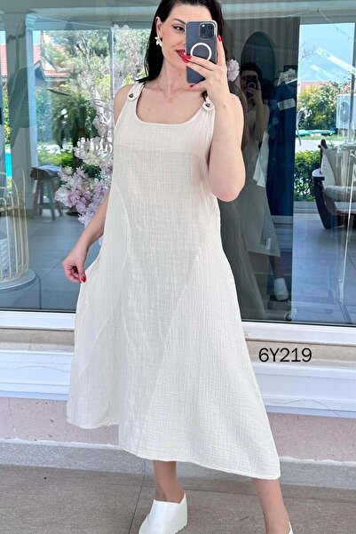 İnce Topuk Button Detail Strapped Linen Dress 6Y219