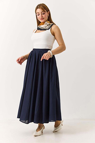 Raneel Kazançlı Alışveriş Women's navy blue pleated long skirt with crinkled ...
