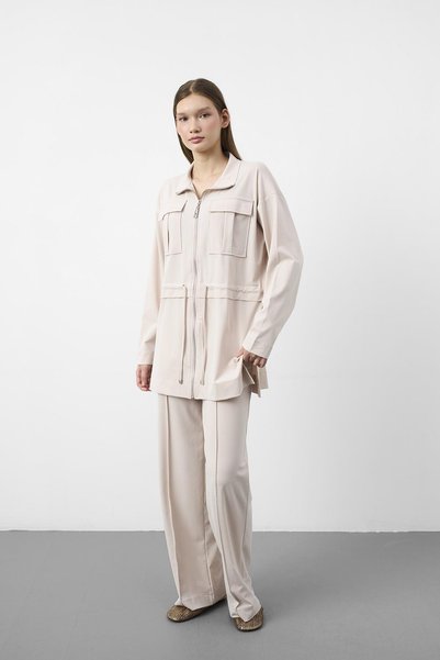 Basicpark Bej Tencel Flowy Texture Adjustable Waist Pre-Stitched Jacket and Pants Set