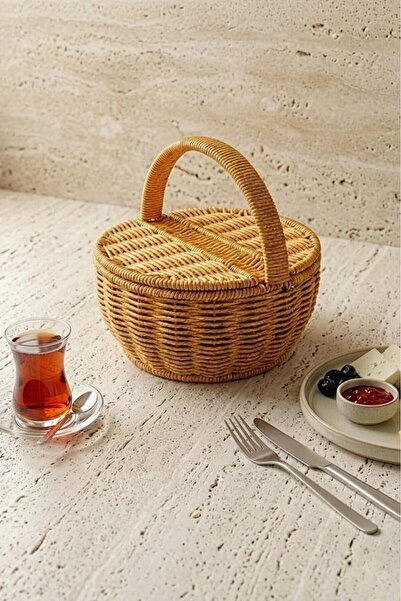 Atbyhome Round Wicker Picnic and Presentation Basket with Lid - 20 cm Decorat...