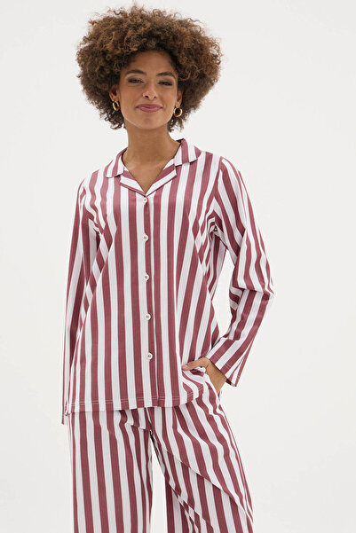KLY Yeni Üst Kalite Kadın Apaj Yaka Kadın Gaffur Desenli Pijama Takımı