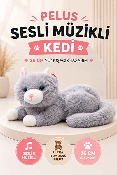 YILDIRIM OYUNCAK Sesli Müzikli Peluş Kedi 36cm – Yumuşacık Uyku Arkadaşı Sevi...