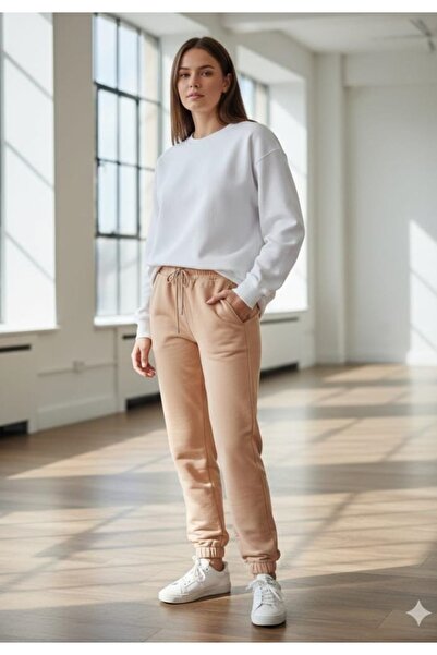 TOSKI Pantaloni de trening damă bej cu elastic și șiret reglabil