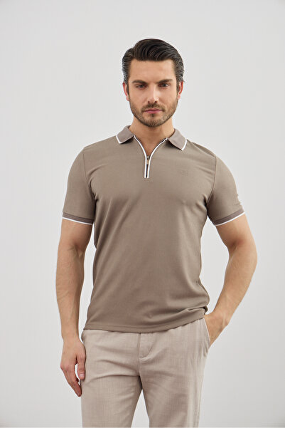 RAVANELLI Tricou pentru bărbați cu guler polo, cu fermoar și detaliu cu dungi...