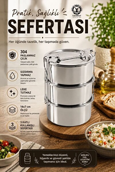 KaraWent Home 3 katlı Paslanmaz Çelik Sefertası 14x7 cm - Sızdırmaz Çelik Yem...