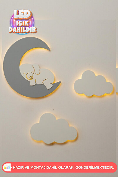 UmayBabyDekor 3Lü Set Fil ve Bulutlar Led Işık Gece Lambası Bebek Çocuk Odası...
