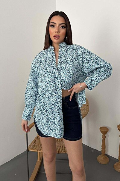 ozelia Blue V-Neck and Patterned Shirt