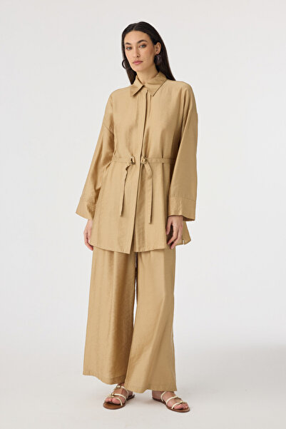 Zühre Belted Shirt Collar Relaxed Fit Camel Suit 1829