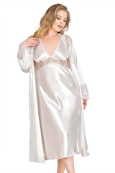 AHU Women's Plus Size Satin 2-Piece Ecru Long Nightgown and Robe Set