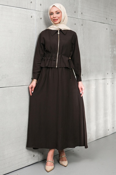 İmajButik Brown Zippered Jacket Skirt Set