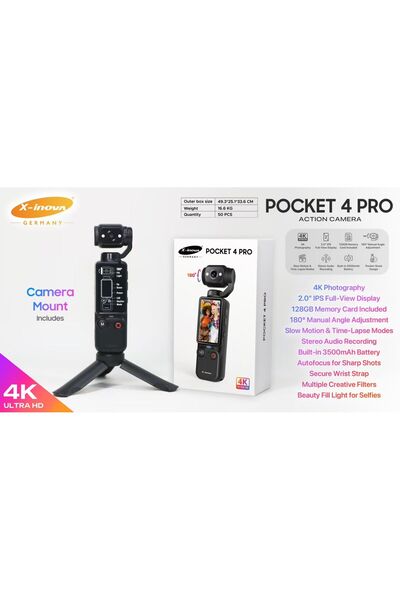 X inova كاميرا أكشن بوكيت 4 برو بدقة 4K - تشمل بطاقة ذاكرة 128 جيجابايت - بطا...