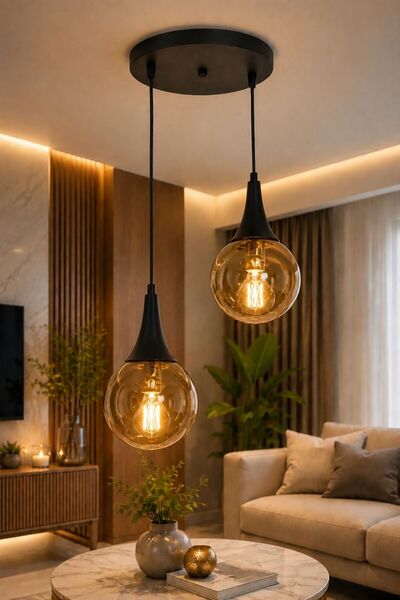 VENON Elora 2.Li Sarkıt Camlı Avize ✨ SİYAH ✨ BAL GLOP CAMLI ✨ Modern Avize S...