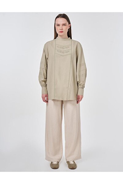 Kayra Ribbed Stitching Embroidery Detailed Cotton Linen Women's Blouse