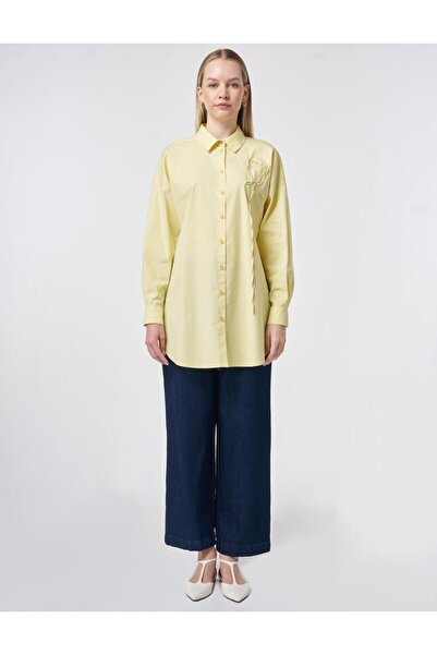 Kayra Women's Shirt Collar Stone Appliqued Cotton Relaxed Fit Long Tunic