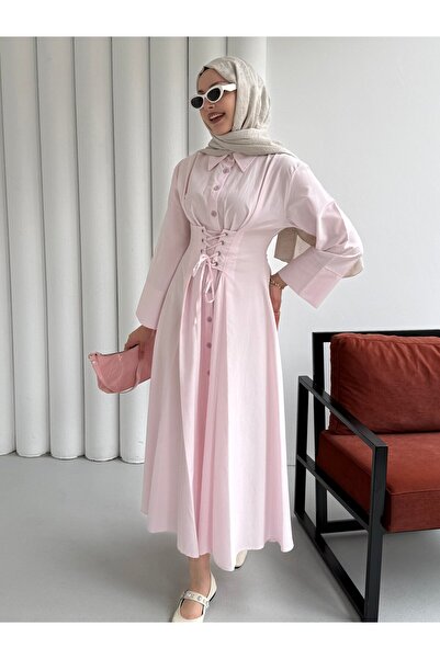 Modaensarbutik Önden Bağçıklı Korsaj Detay Gömlek Elbise-PEMBE