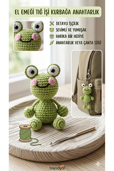 Bir Kırtasiye Amigurumi Sevimli Kurbağa Figürlü Örgü Anahtarlık Yeşil