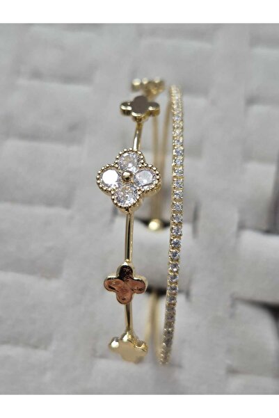 MY ESTA JEWELRY GOLD RENK ZİRKON TAŞLI IŞILTILI ÇİFT SIRA YONCA KELEPÇE BİLEKLİK