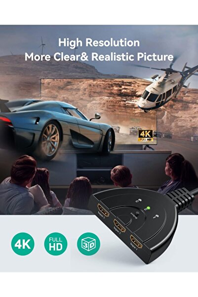 Rabelix Online Marketing 4k Hdmi Switch Çoklayıcı Çoğaltıcı 3 Port Ultra Hd 3 Giriş 1 Çıkış HDMI Toplayıcı Aparat 30 CM Kablolu
