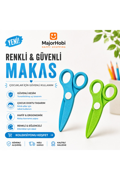 Major Hobi Çocuk Kağıt Makası 2’li Set – Güvenli Uçlu Renkli Makas - Mavi & Y...