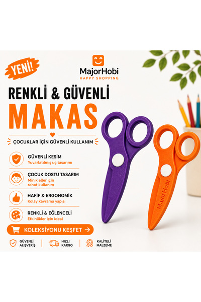 Major Hobi Children's Paper Scissors Set of 2 – Colored Scissors with Safe Ti...