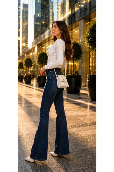 kotmodası Pantaloni de damă, albastru marin, cu picior evazat, elastici, cu talie înaltă