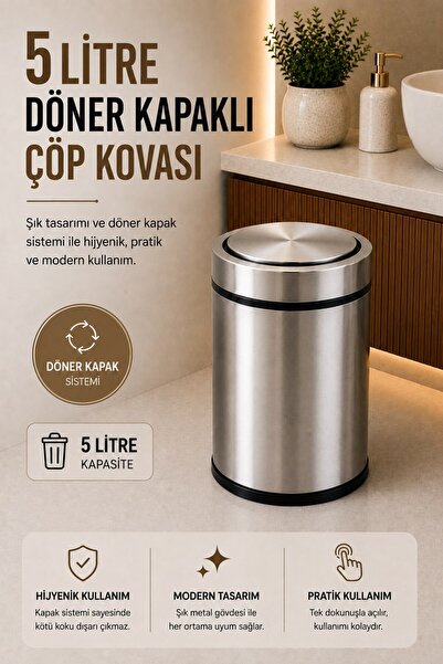 Sas Haus 5 Litre Döner Kapaklı Paslanmaz Çelik Banyo & WC Çöp Kovası Titan 7505