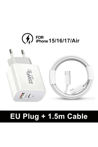 Choice5 EU Plug - 1.5m Cable 25W PD USB-C Fast EU Charger For iPhone 15 16 17...