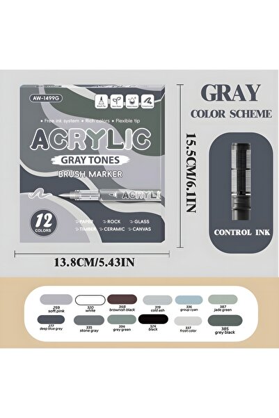 Choice4 12 Gray Tones Acrylic Paint Markers,12Pack Soft Brush Tip Acrylic Pai...