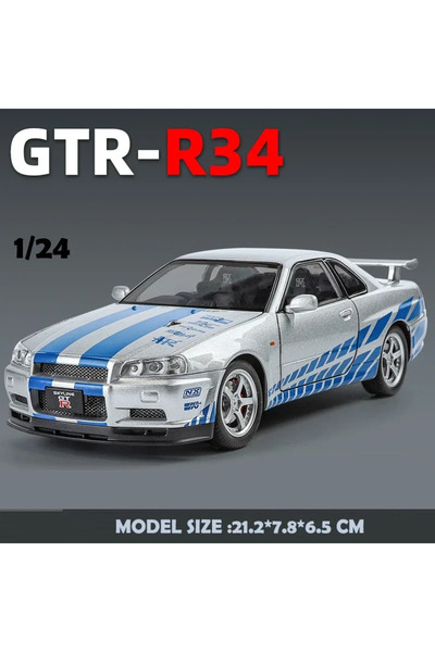 Choice4 نموذج سيارة رياضية معدنية فضية اللون بمقياس 1:24 من نوع JDM GTR R34 ب...