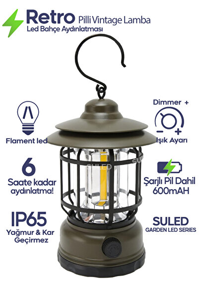 SULED Retro Kamp Lambası Haki Şarjlı & Pilli Fanus Fener Dimmer Özellikli Suy...