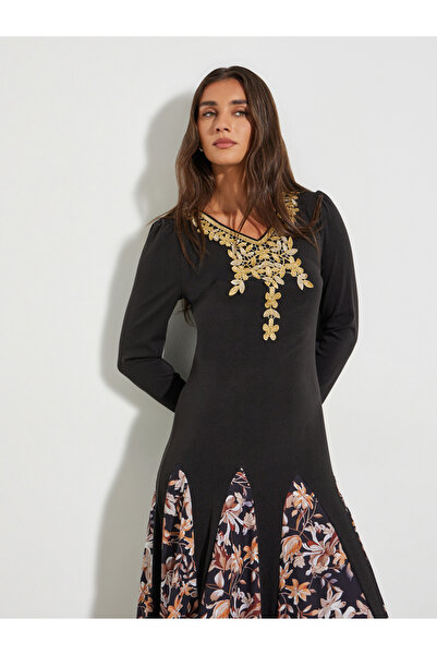 Take Two By Styli Black Floral Print A-Line Midi Dress
